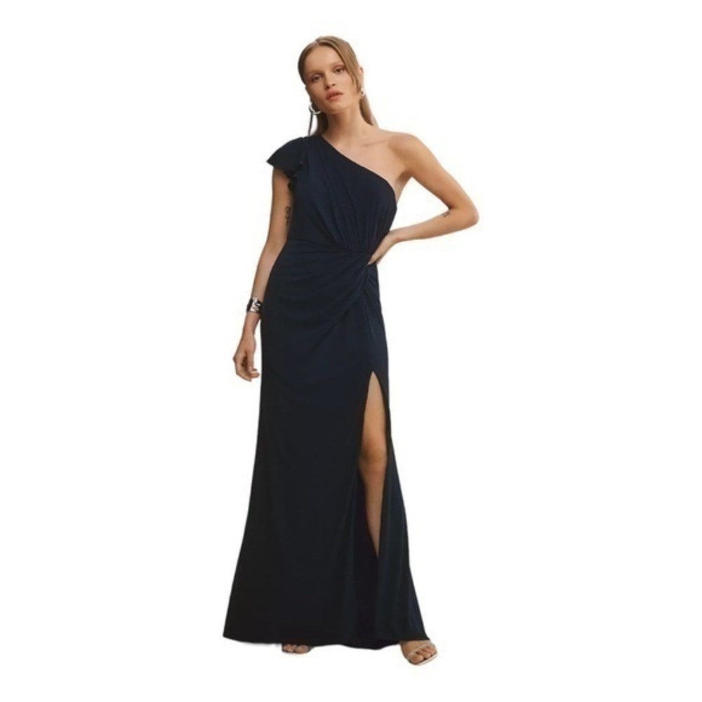 Mac Duggal Navy Blue‎ One Shoulder Draped Column Gown Size 8 Style #67858 New